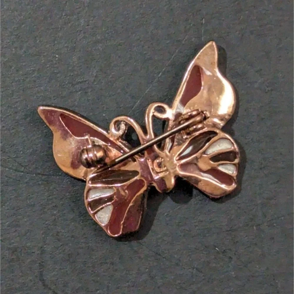 Vintage Enamel Butterfly Brooch With Pink & Clear‎ Rhinestones Estate 1.25